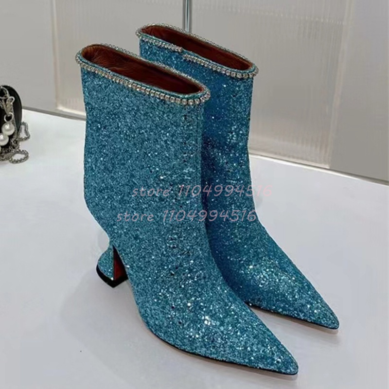 Street Fashion Lady - Blue Glitter Crystal Wine Glass Heel