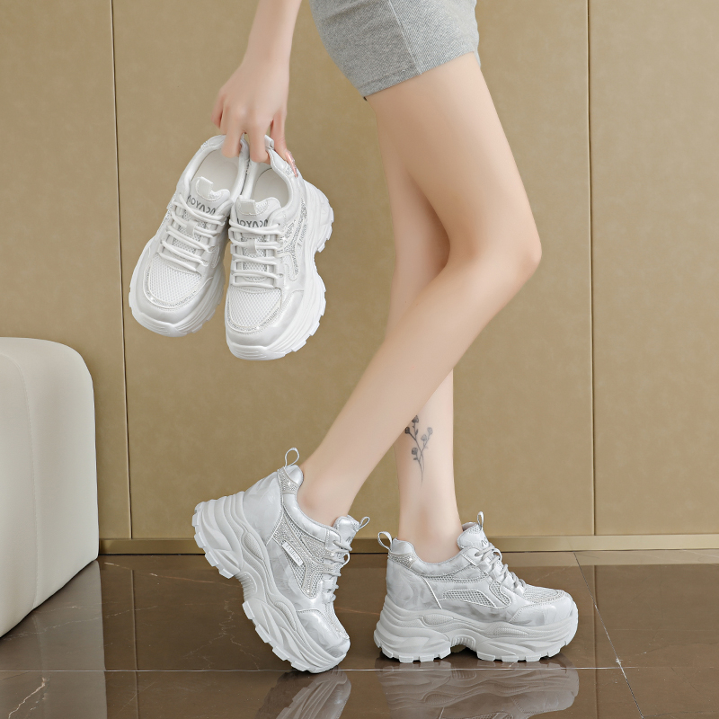 Street Fashion Walk - Ladies Mesh Platform Rhinestone Sneakers Height