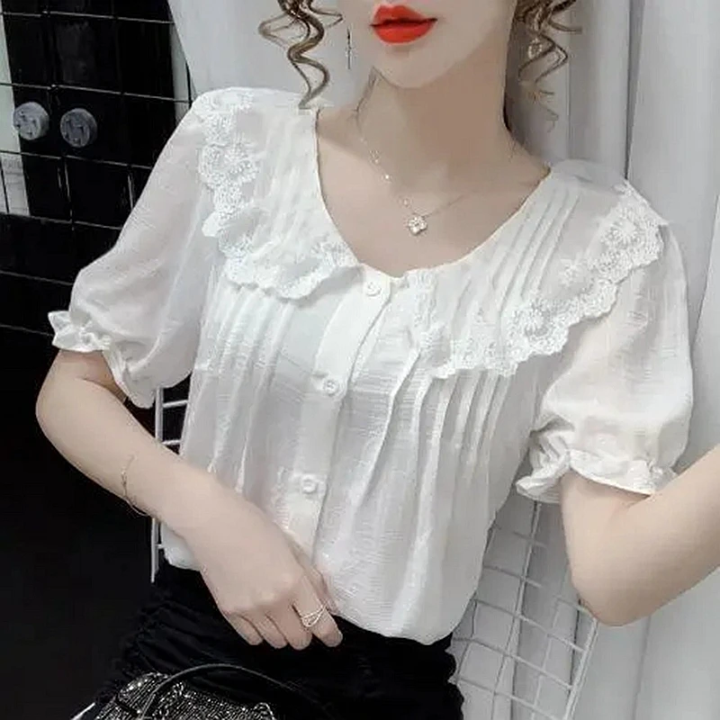 Street Fashion Korean - Vintage Lace Patchwork White Shirts Summer