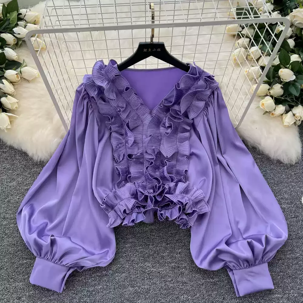 Street Fashion Korean - Chic V-neck Vintage Long Lantern Sleeve