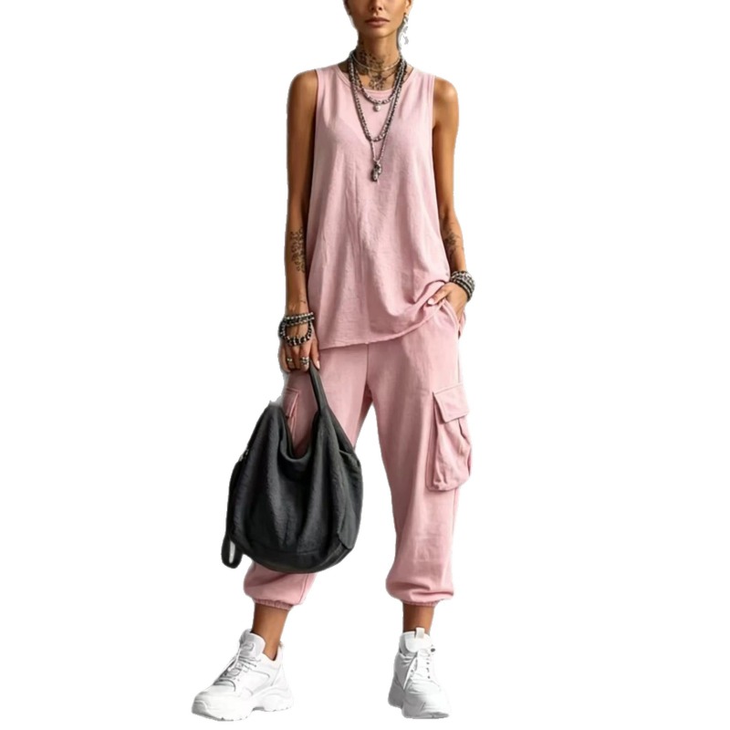 Women Solid Sleeveless Round N - Cargo Pant Wide 评论和价格