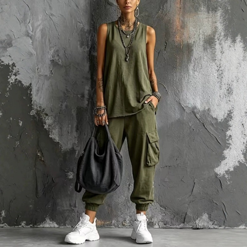 Women Solid Sleeveless Round N - Cargo Pant Wide 评论和价格