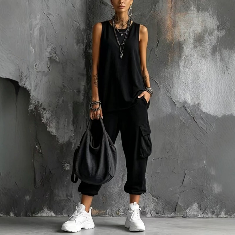 Women Solid Sleeveless Round N - Cargo Pant Wide 评论和价格