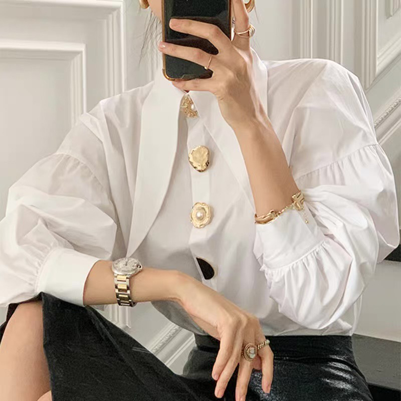 White Elegant Pearl Women Shir - Street Fashion Korean 评论和价格