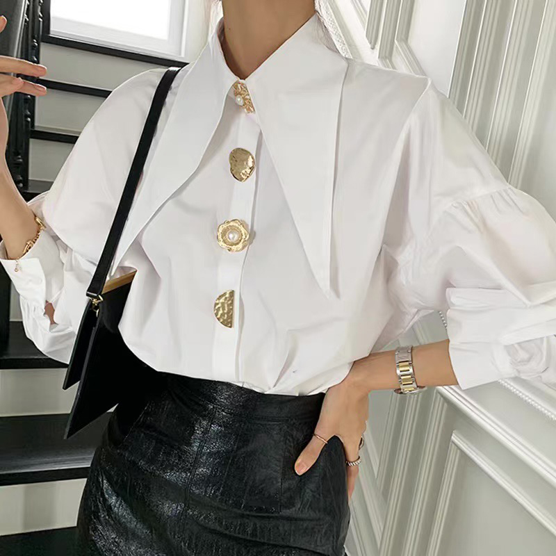 White Elegant Pearl Women Shir - Street Fashion Korean 评论和价格