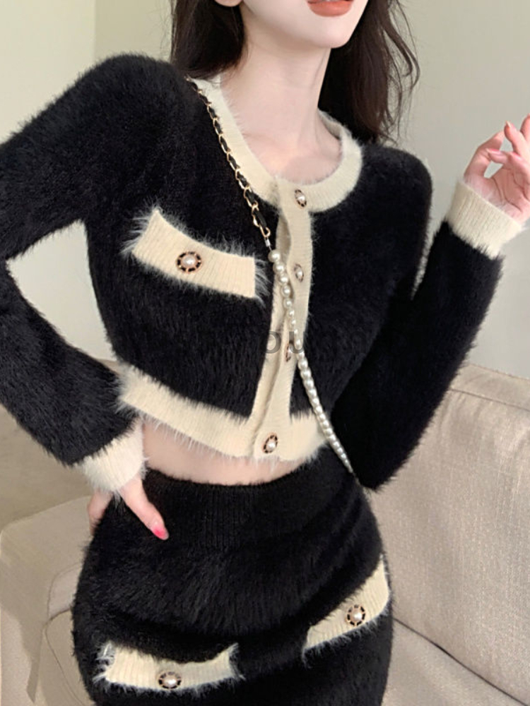 Winter Fluffy Knit 2 Piece Set - Street Fashion Korean 评论和价格