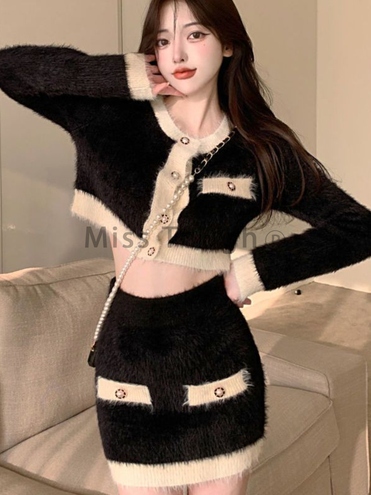 Winter Fluffy Knit 2 Piece Set - Street Fashion Korean 评论和价格