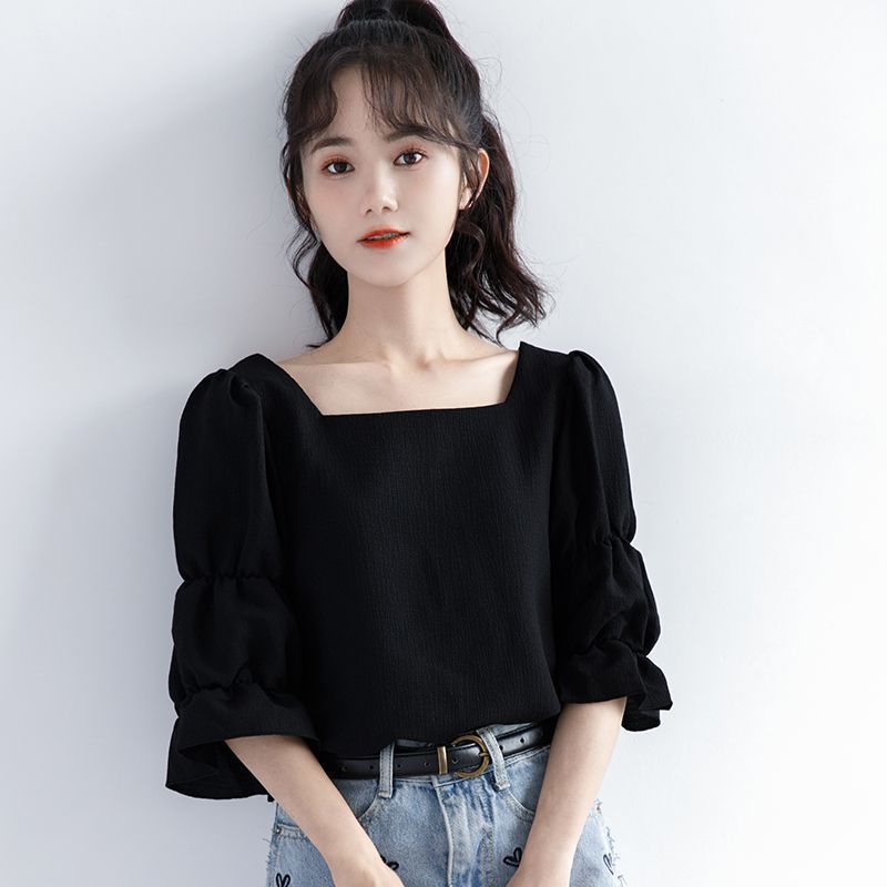 Pleated Short Sleeve Solid Kor - Street Fashion Korean 评论和价格