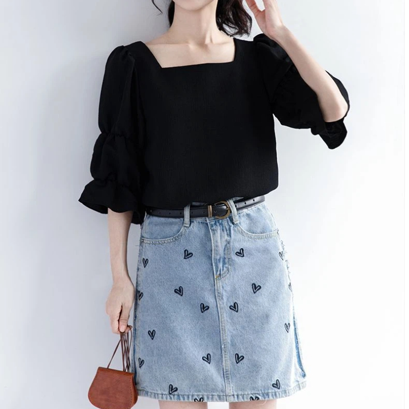 Pleated Short Sleeve Solid Kor - Street Fashion Korean 评论和价格