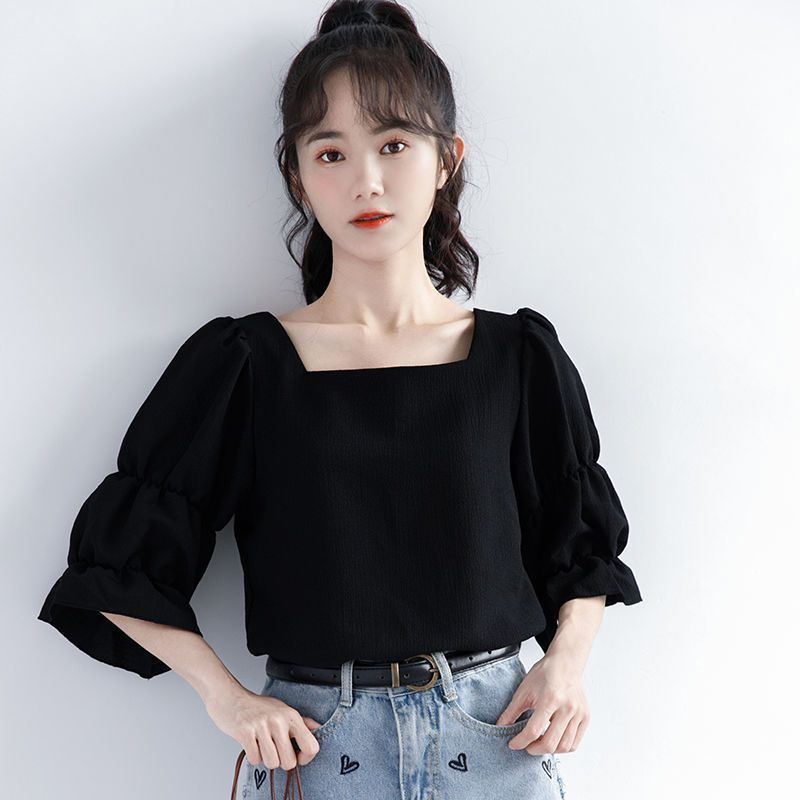 Pleated Short Sleeve Solid Kor - Street Fashion Korean 评论和价格