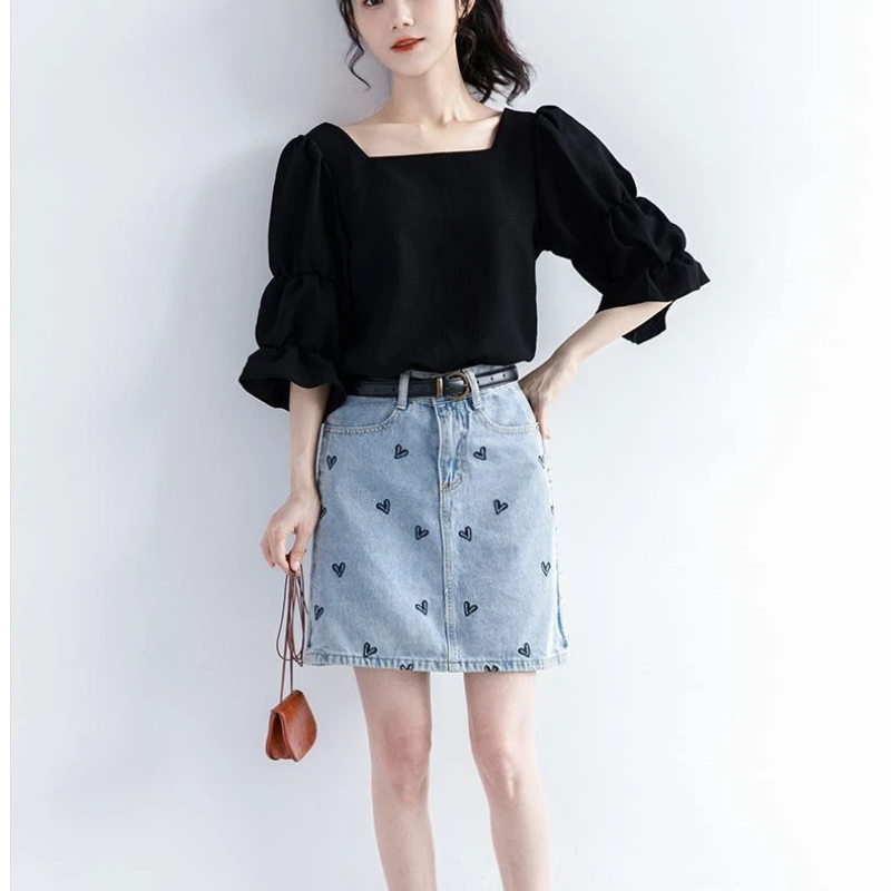 Pleated Short Sleeve Solid Kor - Street Fashion Korean 评论和价格