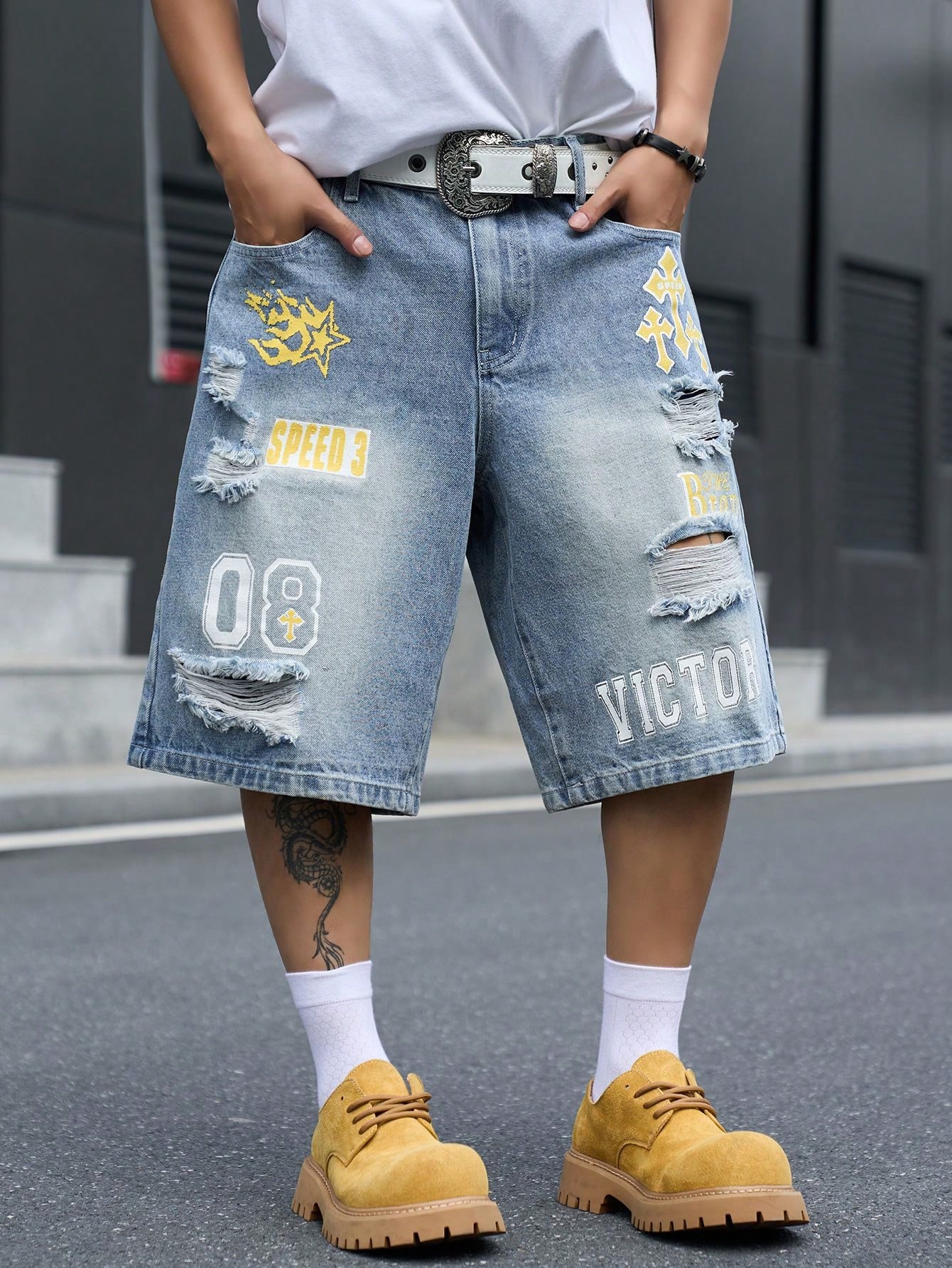 Men's Loose Fit Denim Bermuda  - Street Fashion Types 评论和价格