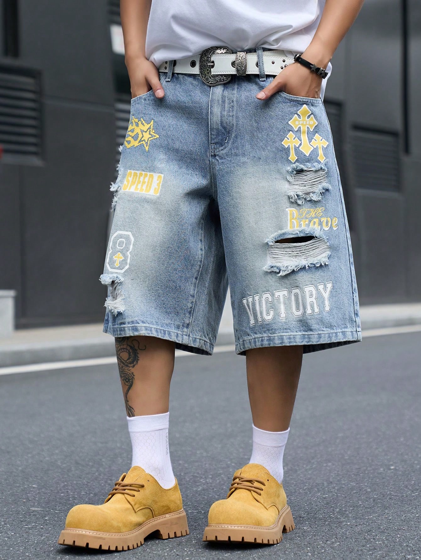 Men's Loose Fit Denim Bermuda  - Street Fashion Types 评论和价格