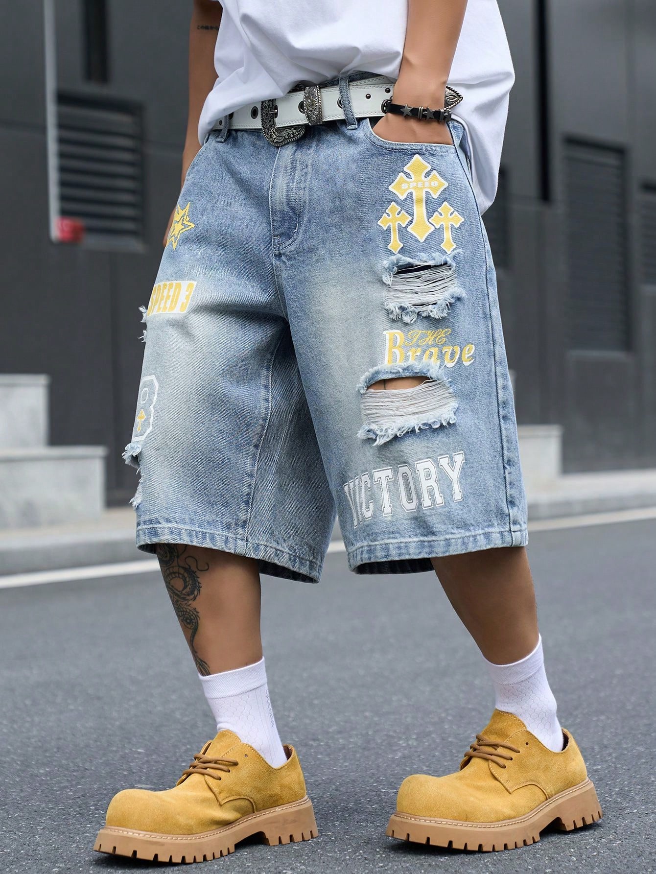 Men's Loose Fit Denim Bermuda  - Street Fashion Types 评论和价格